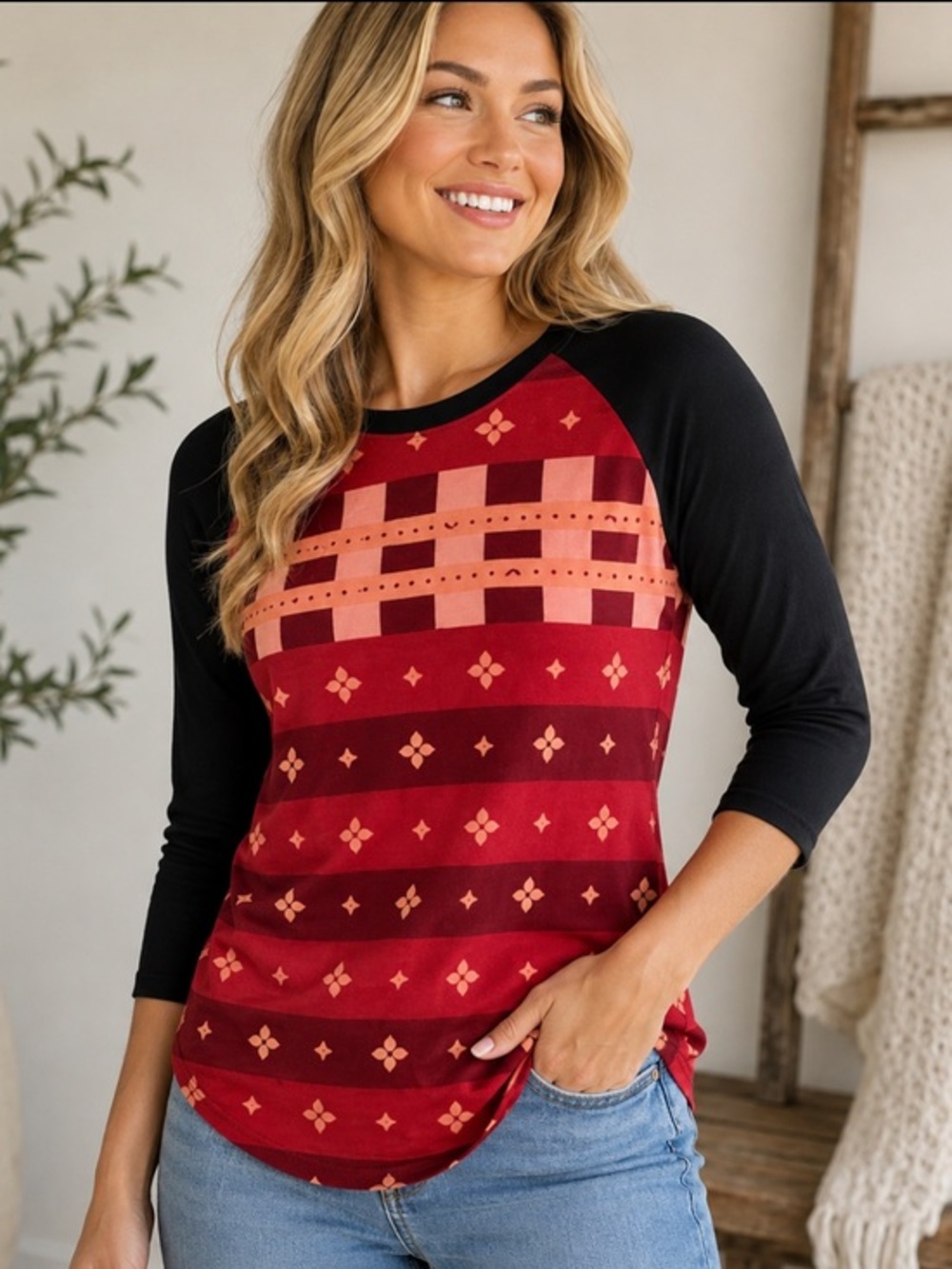 NWT LuLaRoe Red Patterned 3/4 Sleeve Randy Shirt Top Size Small